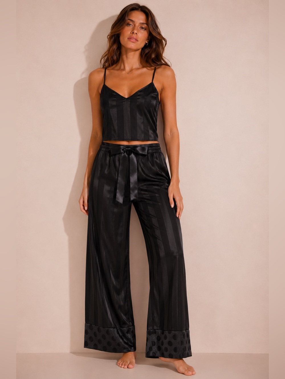 (S) Victoria’s Secret Satin Wide Flared Leg Pajama Pants Black Stripe Small